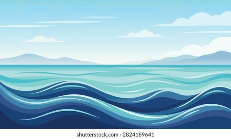 Layered Blue Ocean Waves with Distant Mountains and Clear Sky Illustration