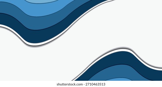 Layered blue paper cut design with wave-like shapes, featuring varying shades of blue and white space.