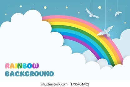 Layered blue sky background with a rainbow, clouds, flying birds, stars. Minimal scenery background in paper art style with copy-space for baby nursery, kids' room decor. Vector Illustration. 