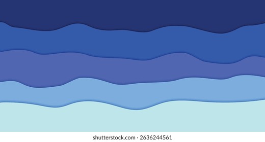 Layered blue waves abstract background in paper cut style with smooth curves