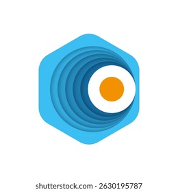 Layered blue waves and orange sun abstract logo design hexagon shape in modern minimal style, symbolizing nature, summer, sea energy, warmth, water movement, and creative branding for eco projects.