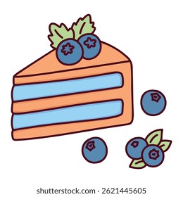 Layered blueberry cake slice decorated with fresh berries and icing, hand drawn in soft orange and blue pastel tones