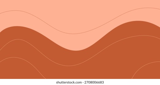 Hintergrund der geschichteten braunen Wellenlinien-Vektorgrafik. Ein mehrschichtiger Vektorgrafik-Hintergrund mit horizontalen, wellenförmigen Wellenmustern in verschiedenen Braun- und Pfirsichtönen.
