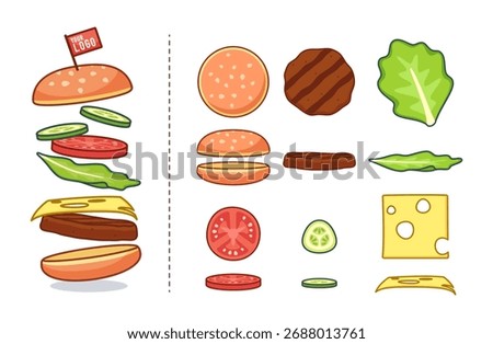 A layered burger garnished with a flag for your logo and the ingredients to make the burger.