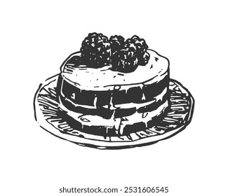 Layered Cake with Berries on Top - Hand-Drawn Line Art. Black and white illustration of layered cake with berries on top. Perfect for bakery, dessert menus, or culinary-related projects and designs.