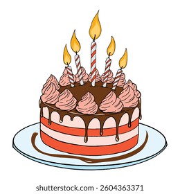 layered cake with chocolate and strawberry flavors with candles on top isolated on white