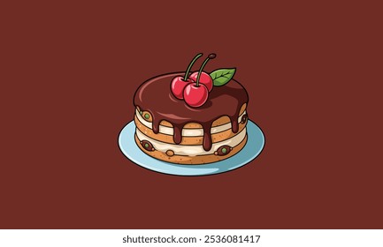 Layered cake with chocolate topping and cherries on top