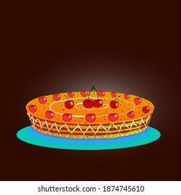 Layered cake decorated with cherries on a dark background.