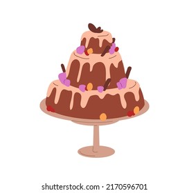 Layered cake with decoration. Sweet chocolate birthday dessert with dripping melting cream. Wedding food, confectionery on dish. Flat graphic vector illustration isolated on white background