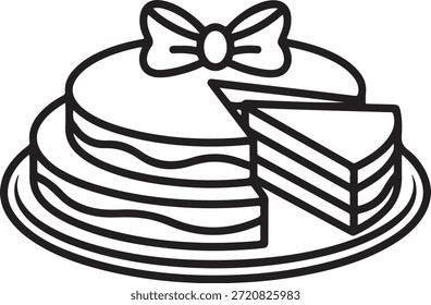 El pastel en capas con un lazo decorativo en la parte superior tiene una rebanada faltante en un plato que simboliza la celebración y el postre.