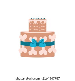 Layered cake for dog birthday party with decorated bones, flat vector illustration isolated on white background. Delicious dessert for pets party celebration. Sweet treat for dogs.