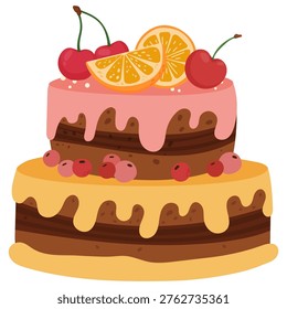 Layered cake with dripping glaze, decorated with cherries and orange slices in minimal flat style. Perfect dessert illustration for bakery design, menus, packaging and sweet branding