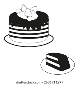 Layered cake icon. Black white dessert. Strawberry topping shape. Sweet vector treat.