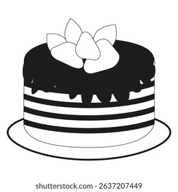 Layered cake icon. Strawberry topping detail. Black white dessert. Sweet vector pastry.