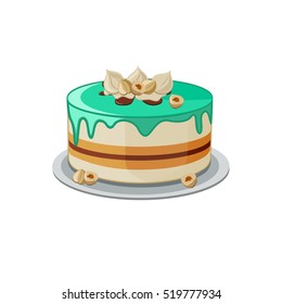 Layered cake with mint topping, vanilla icing and hazelnuts. Bright cartoon cake with green topping and creamy icing frosting decoration. Vector icon of nut pie on isolated background. 