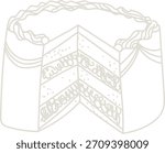 Layered cake with one slice cut out, clean contour lines and frosting details. Bakery dessert cross-section in linear outline style with crumb texture. Cartoon vector illustration