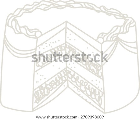 Layered cake with one slice cut out, clean contour lines and frosting details. Bakery dessert cross-section in linear outline style with crumb texture. Cartoon vector illustration