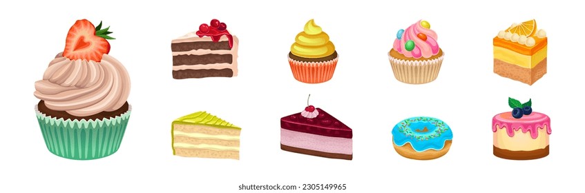 Layered Cake Pieces with Cream and Berry Vector Set