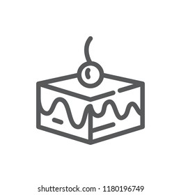 Layered cake vector illustration - editable line icon of square piece of sweet layered pie decorated with frosting and cherry isolated on white background - pixel perfect symbol of baked pastry.