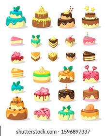 Layered cakes and slices flat vector illustration set