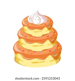 A layered caramel cake with dripping glaze, cream topping, colorful sprinkles. Vector illustration