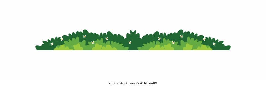 Layered cartoon green bush vector element with small white flowers. Perfect for 2D game environment, horizontal border, and nature design background