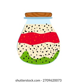 Pudín de semillas de chía en capas que crea un postre o desayuno colorido y saludable, mostrando una opción de alimentos a base de plantas ricos en nutrientes y listos para una comida saludable