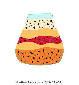 Layered chia seed pudding offering a healthy and delicious breakfast or snack option, featuring a vibrant mix of fruit, seeds, and creamy textures in a stylized illustration