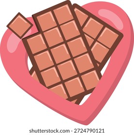 Barra de chocolate em camadas dentro de uma ilustração em forma de coração, simbolizando iguarias românticas e doces momentos dos namorados.