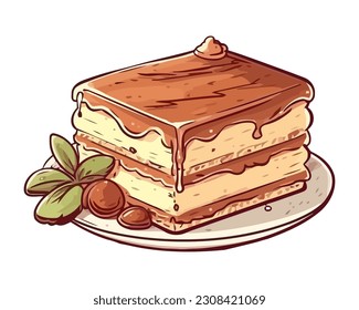 Layered chocolate cake with whipped cream icing icon isolated