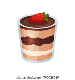 Layered chocolate dessert, panna cotta or vanilla pudding in glass cartoon vector Illustration