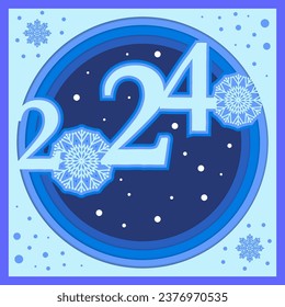 Layered Christmas card with silhouette 2024 with snowflakes for cutting out. Can be used as a paper card, Christmas decoration or template for your crafts.