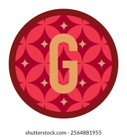 A layered circular badge featuring a golden “G” on a red patterned background, accented by a bold border, perfect for branding or creative design elements.