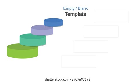 Um diagrama em camadas com etapas circulares em verde, azul-petróleo, roxo e azul leva a quatro caixas de texto vazias. Use este modelo em branco para infográficos, apresentações ou layouts.