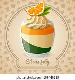 Layered citrus jelly dessert with orange and cream card and food cooking icons on background vector illustration