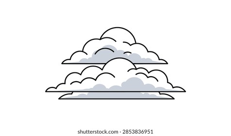 Layered cloud formations depicted with thick black outlines and soft grey shading on a white background representing a cloudy sky or weather.