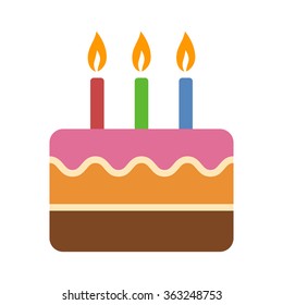 Layered colorful birthday cake with lit candles flat vector icon for food apps and websites