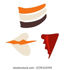 Composición en capas de trazos naranjas, beige, fragmentos curvos de color rojo oscuro y marrón oscuro, triángulos con contraste rítmico. Vector para diseños editoriales, marca culinaria o diseño de impresión contemporáneo.