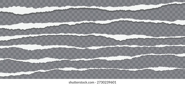 Una composición en capas de tiras de papel rasgadas en varios tonos de gris, de claro a oscuro, con bordes y texturas ásperas, aisladas sobre fondo blanco