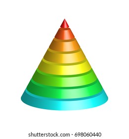 Layered cone. 3D conical pyramid of 8 multicolored rainbow spectrum layers. Vector illustration.