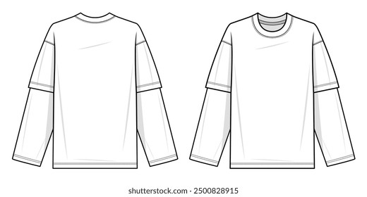 Layered Contrast Long-Sleeve T-Shirt technical fashion illustration. hoodie vector template illustration. front and back view. oversized. drop shoulder. unisex. white color. CAD mockup set.