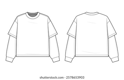 Layered Contrast Sleeve T-Shirt Technical Fashion Illustration. Two-in-One Illusion Tee Vector Template. Front and back view. Relaxed Fit. Unisex Streetwear. White. CAD mockup set.