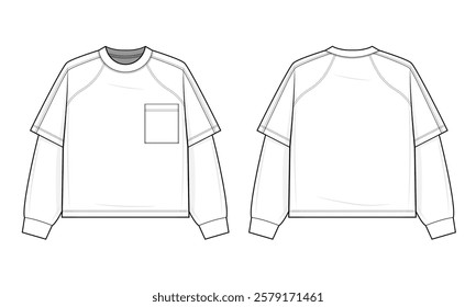 Layered Contrast-Sleeve Raglan T-Shirt Technical Fashion Illustration. Two-in-One Illusion Tee with Chest Pocket Vector Template. Front and back view. Relaxed Fit. Unisex Streetwear. CAD Mockup Set.