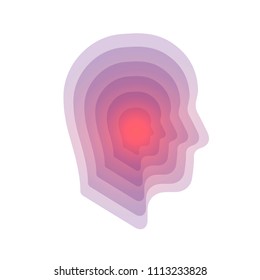 Layered cut out human profile. Paper art. Light from inside. Sign of self-knowledge. Psychology, creating ideas.  Vector, illustration, eps10.