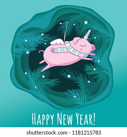 Layered cut out paper Christmas postcard with tree branches and symbol of 2019 a pig as an unicorn. Vector illustration