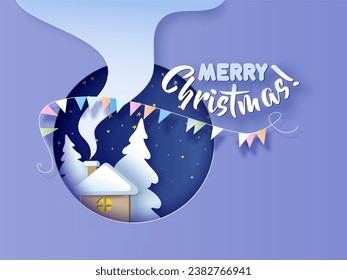 Layered cut out paper Christmas card with Winter Landscape small house and snow covered tree in round night hole. Paper cut style. Vector illustration