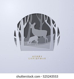 Layered cut out paper Christmas postcard with Winter Forest, Mother Deer and Fawn.