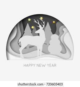 Papel cortado en capas Feliz Año Nuevo con árboles, ciervos, estrellas. Plantilla vectorial en estilo de arte tallado.