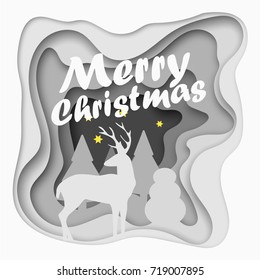 Layered cut out paper Merry Christmas postcard with trees, deer, stars. Vector template in carving art style.