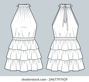 Ilustración técnica de moda de vestido en capas. Plantilla de dibujo técnico plano de moda de Halter Dress, mini longitud, cintura elástica, vista frontal y posterior, blanco, mujeres Vestido maqueta de CAD.